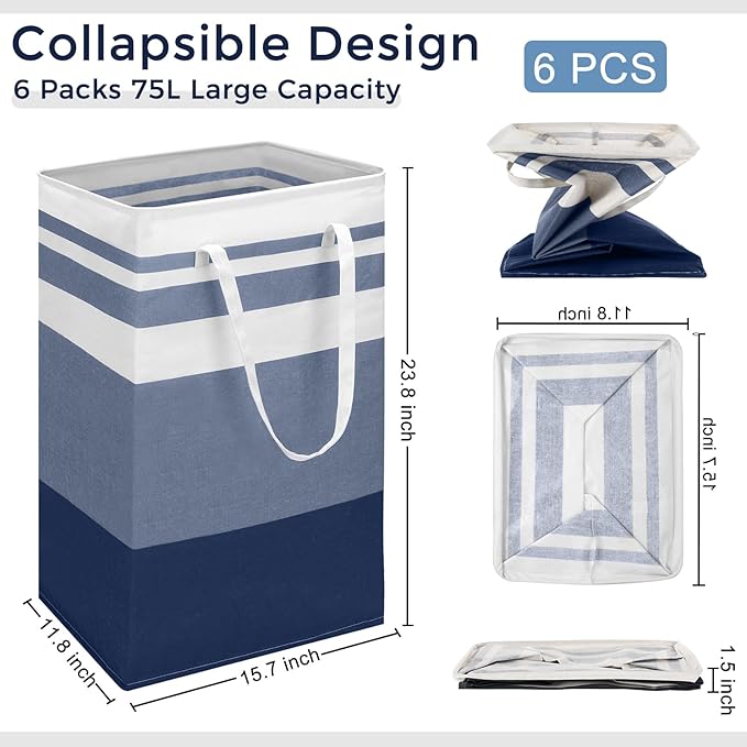 Foaincore 6 Pieces 75 L Laundry Hamper Basket Organizer Large Laundry Bag Bulk Waterproof Collapsible Clothe Storage with Handles for Dorm Room Bedroom Towels (Dark Blue)