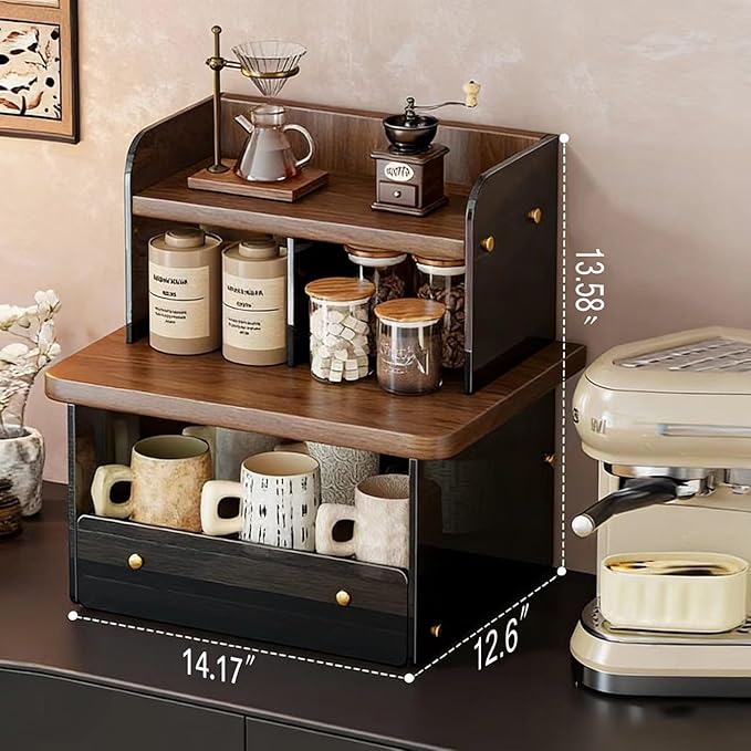Acrylic Coffee Cup Display Shelf, Multi-Layer Countertop Mug Organizer with Pull-Out Drawer, Retro Water-Ripple Design, 2-Tier Storage Rack for Kitchen, Coffee Bar (Original Wood with Acrylic)
