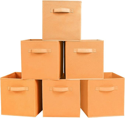 PowerKing Collapsible Storage Cubes with Handles, Fabric Foldable Bins for Closet Shelves, Durable Organization Storage Bins, 10.5'' x 11'' x 10.5'' (Orange, 6Pack)