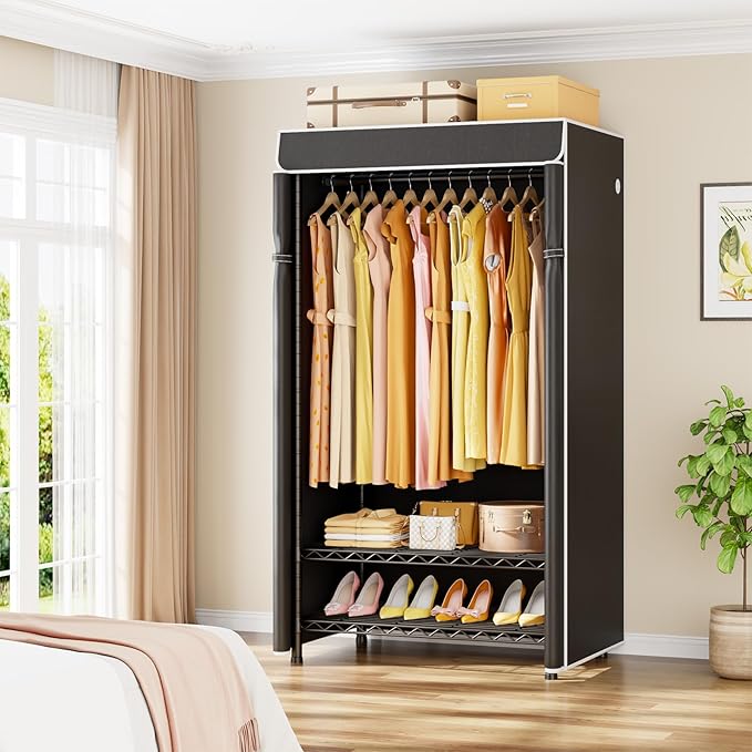 ULIFHOME H5C Clothes Rack with Cover, Portable Closet for Hanging Clothes, Covered Clothing Racks Heavy Duty, Freestanding Garment Racks with Shelves Max Load 360LBS Black Closet Rack with Black Cover