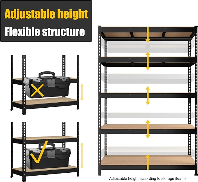 PrimeZone 4 Pack Heavy Duty Storage Shelves - 47"W x 18"D x 71"H 5 Tier Adjustable Garage Storage Shelving, Metal Utility Rack Organizer Shelf Unit for Warehouse Pantry Closet Kitchen Basement, Black