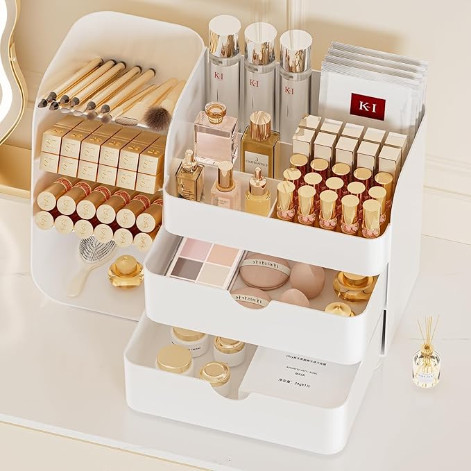Booklov Makeup Organizer for Vanity, Countertop Cosmetic Display Case with Drawer, Bathroom Counter Beauty Caddy, Comfyroom Table Storage Holder for Skincare, Brush Eyeliner Eyeshadow Lipsticks, Creem