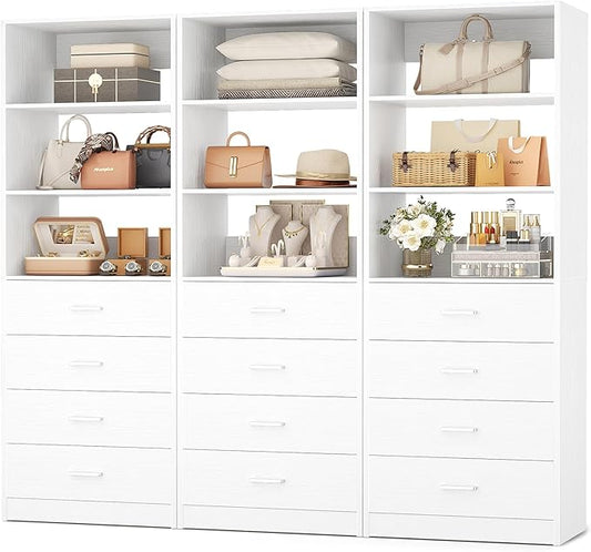 Aheaplus Closet Drawers Organizer System, 5.3FT Wood Closet System with 4 Drawers, Modular Walk-in Closets Storage Unit, Tall Bookshelf Storage Cabinet, White (3 Packs)