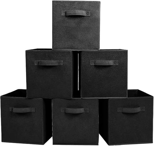 PowerKing Collapsible Storage Cubes with Handles, Fabric Foldable Bins for Closet Shelves, Durable Organization Storage Bins, 10.5'' x 11'' x 10.5'', 6 Pack, Black