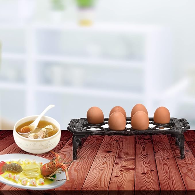 BRASSTAR Cast Iron Vintage Egg Rack Retro Desktop Design Egg Stroage for Kitchen Countertop Farmhouse Decor 7.1inches (H) Hold up to 8Eggs TQGJPT151