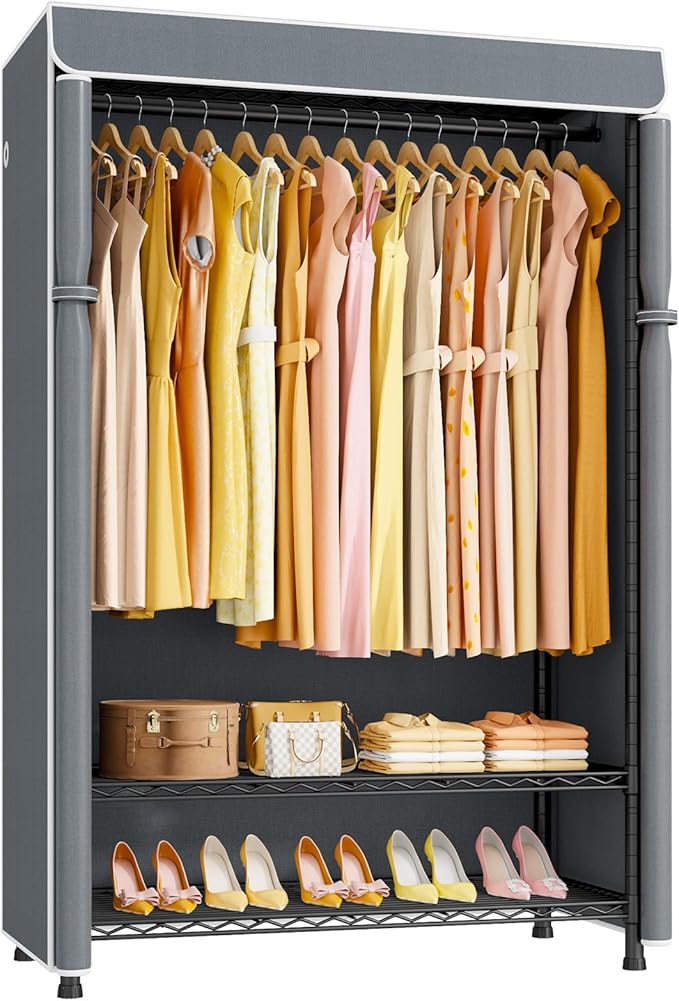 ULIFHOME H5C Plus Clothes Rack with Cover, Portable Closet for Hanging Clothes, Covered Clothing Racks Heavy Duty, 3-Tiers Garment Rack with Shelves Max Load 370LBS Black Closet Rack with Gray Cover