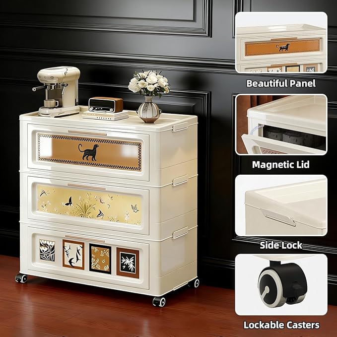 180QT Foldable Storage Cabinet with Lids, Stackable Storage Drawers with Doors and Wheels,ABS Durable Storage Cabinet Organizer for Home, Living Room, Kitchen, Stylish Home Decor (3 Tier)