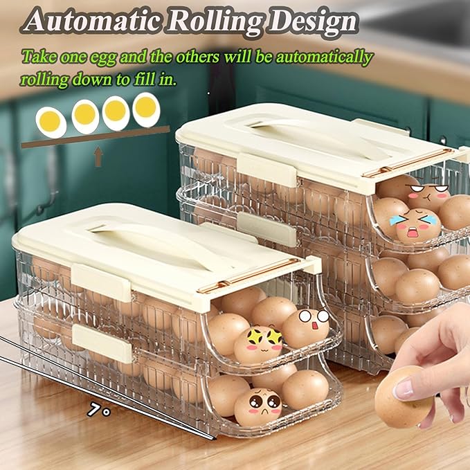 Egg Holder for Fridge Automatic Rolling, Egg Storager Container Organizer Dispenser for Refrigerator Stackable Removable Inner Tray, Egg Accessories (Clear, 1 Row-3 Tiers)