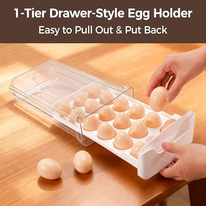 Egg-Holder for Fridge, 18-Count Egg-Storage for Refrigerator Countertop, 1 Tier Dispenser with Drawer, Stackable Clear Egg Tray Container, Egg Organizer, Fits Large Eggs, White