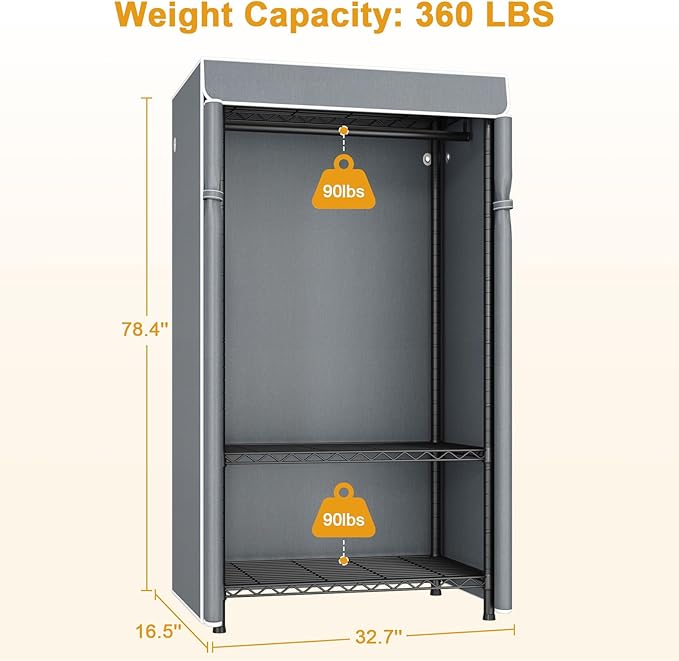 ULIFHOME H5C Clothes Rack with Cover, Portable Closet for Hanging Clothes, Covered Clothing Racks Heavy Duty, Freestanding Garment Racks with Shelves, Max Load 360LBS Black Closet Rack with Gray Cover