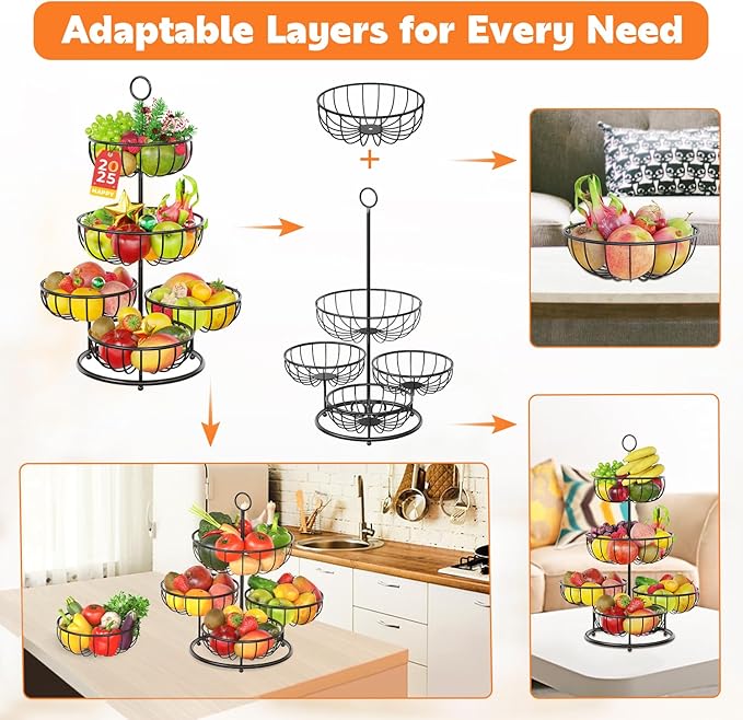 PouHenier.jh 5 Tier Fruit Basket Stand for Counter, Kitchen Tall Tiered Fruit Bowl Organizer for Dining Table Countertop, Multi Level Fresh Produce and Vegetable Holder Rack, Sturdy Metal Wire, Black