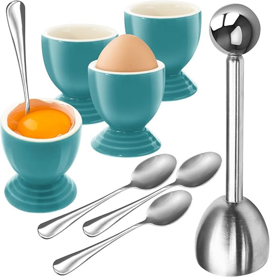 Colorful Soft Boiled Eggs Cups Set, 4 Ceramic Egg Stands and 1 Stainless Steel Egg Cutter, 4 Perfect Egg Spoons for Kitchen and Breakfast Host(Caribbean)