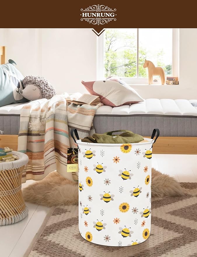 HUNRUNG Collapsible Fabric Storage Basket, Waterproof Laundry Hamper with Handles, Round Storage Bin for Clothes Toys, Foldable Organizer for Bedroom Nursery Bathroom(Round-Bee)