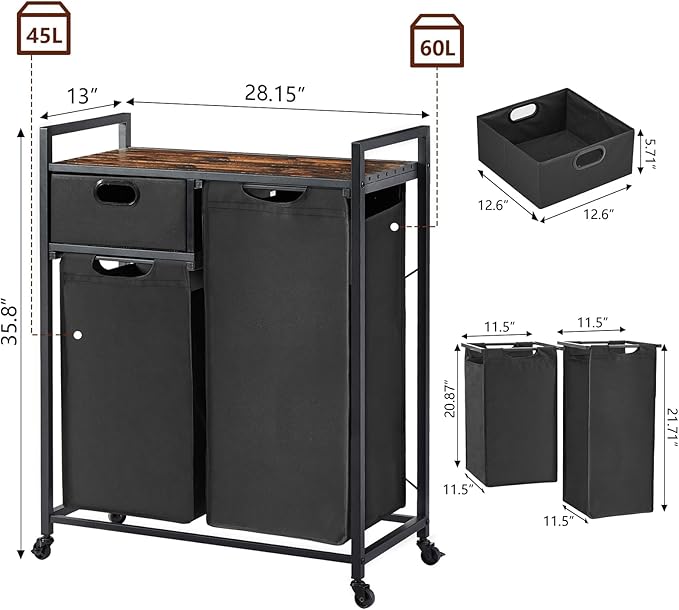 Zevemomo Large Rustic Brown & Black Laundry Basket with Wheels, 3 Compartments, 60L Capacity, Floor Mount, Laundry Room & Bathroom