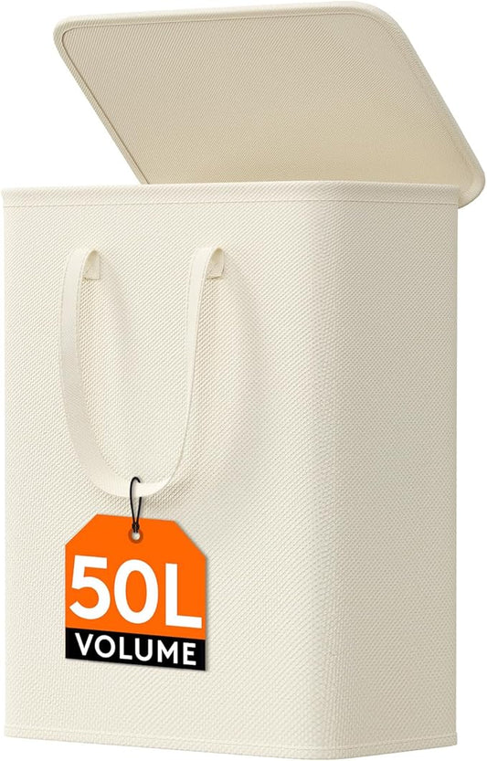 Lifewit 50L Slim Small Laundry Hamper, Laundry Basket with Lid, Dirty Collapsible Clothes Storage with Easy Carry Extended Handles, Tall Hampers for Bedroom Laundry Room, White, 1 Pack