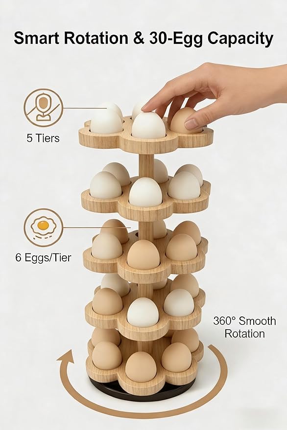 Wooden Egg Holder Countertop 360° Rotating, Egg Rack for 30 Eggs, Spiral Egg Storage Organizer for Kitchen Counter, Farmhouse Fresh Chicken Egg Dispenser for Home, Family (Wood)