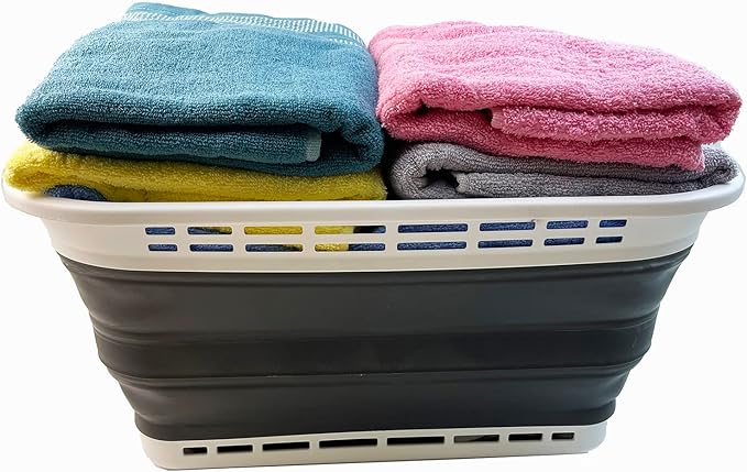 SAMMART 42L (11 Galloons) Collapsible Plastic Laundry Basket - Foldable Pop Up Storage Container/Organizer - Portable Washing Tub - Space Saving Hamper/Basket (White/Asphalt)