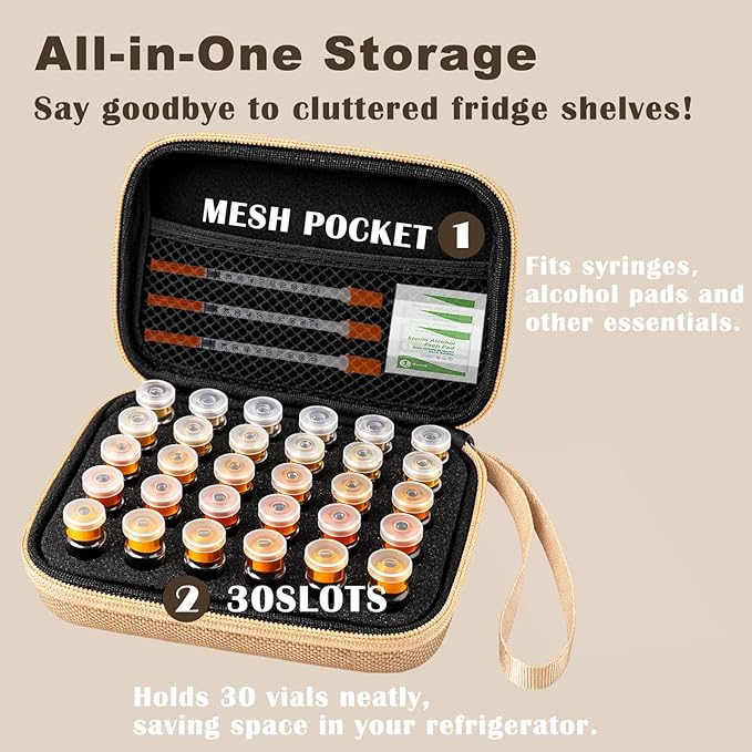 Peptide Vial Case for Fridge Storage - Organizer Holds 1-3ml Vials for Insulin, GLP-1, Peptides,Hard Shell Travel Case with Hand Strap,G0ld (Gold-30Solt)