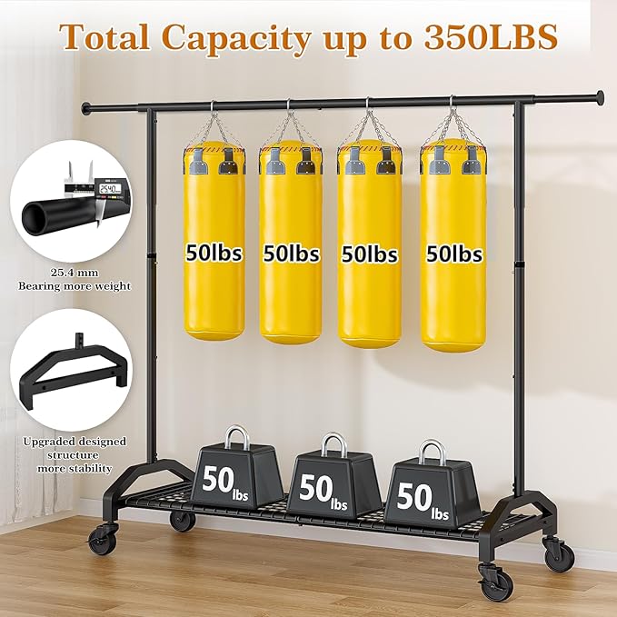 Wiracks Heavy Duty Clothes Rack for Hanging Clothes 350lbs Clothing Rack 3" industrial Wheels 51 to 71" W x 16.53" D x 65" to 71" H Adjustable Rolling Clothes Rack Coat Rack Garment Rack Black