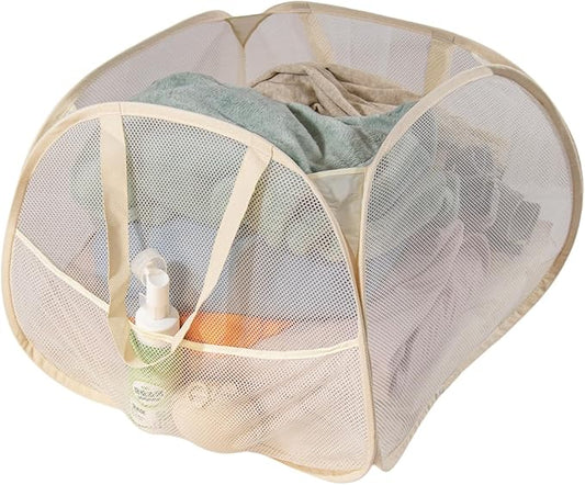 Collapsible Laundry Basket 90L, Foldable Mesh Pop-up Laundry Hamper with Handles, Dirty Clothes Hamper for Laundry with Side Storage Pocket (Beige)