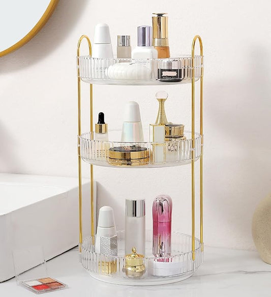 Aveniee Crystal Three-Layer 360° Rotating Cosmetic Stand, Premium Solid Metal Pole Sturdy Construction, Translucent Revolving Beauty Storage Unit for Vanity, Sink or Bathroom Shelf, White