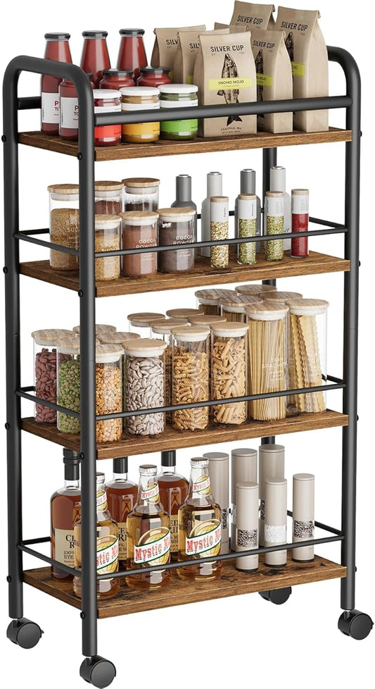 Asgolion Slim Storage Cart, 4-Tier Small Rolling Cart with Wheels, 9.1" Deep, Narrow Bathroom Shelf Trolley for Kitchen, Bathroom, Laundry Room, Rustic Brown Large 4-Tier (9.1" W x 33.6" H)