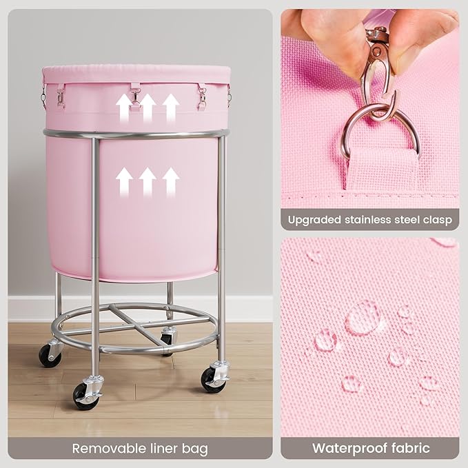 ELYKEN 190L Laundry Basket with Wheels, Large Rolling Laundry Hamper with Removable Liner Bag, Round Rolling Laundry Cart, Dirty Clothes Hamper for Hotel, Home, Closet, Dorm, Pink