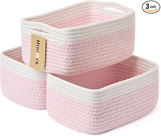 MiniArk Small Storage Baskets for Organizing | Closet Organizer Bins | Shelf Toy Basket | Woven Rope Baskets | Cube Decorative Box | Shallow Basket | 13x8.5x5.1” | 3 Packs White Pink