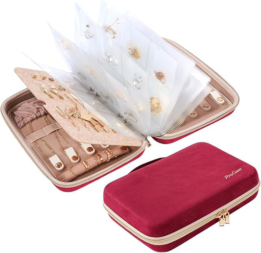 ProCase Extra Large Jewelry Organizer Case, Jewellery Home Storage Book Ring Binder with Clear Pockets for Presentation, Zippered Pouch Bag for Earrings Necklaces Bracelets -Wine