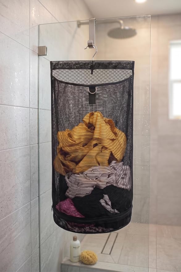 ALYER Hanging Semi Round Storage Mesh Bag,Collapsible Laundry Hamper Basket with Durable Hanger (Black)