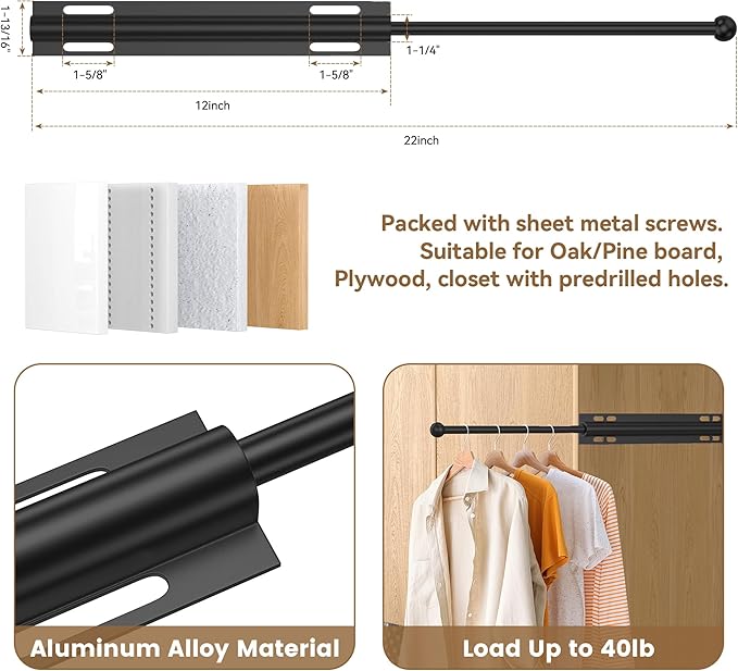 12" Valet Rod Standard for Closet, Slide Out Closet Valet Rod - 12" to 22", Polished Chrome Finish, Heavy-Duty 40lbs Capacity (Black)