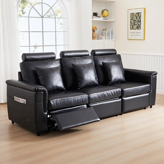 LEVNARY 3-Seater Modular Reclining Sofa, Upholstered Faux Leather Power Recliner Couch with 3 Electric Seats, 3 Pillows & Side Pockets, Adjustable Back & Footrest, Living Room Furniture (Black)