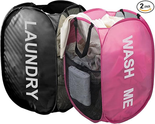 Larpur Pop Up Laundry Baskets, 2 Pack Mesh Laundry Hampers Collapsible Clothes Hampers, Portable Cruise Laundry Hampers for Home, Dorm, Travel (Black + Pink)