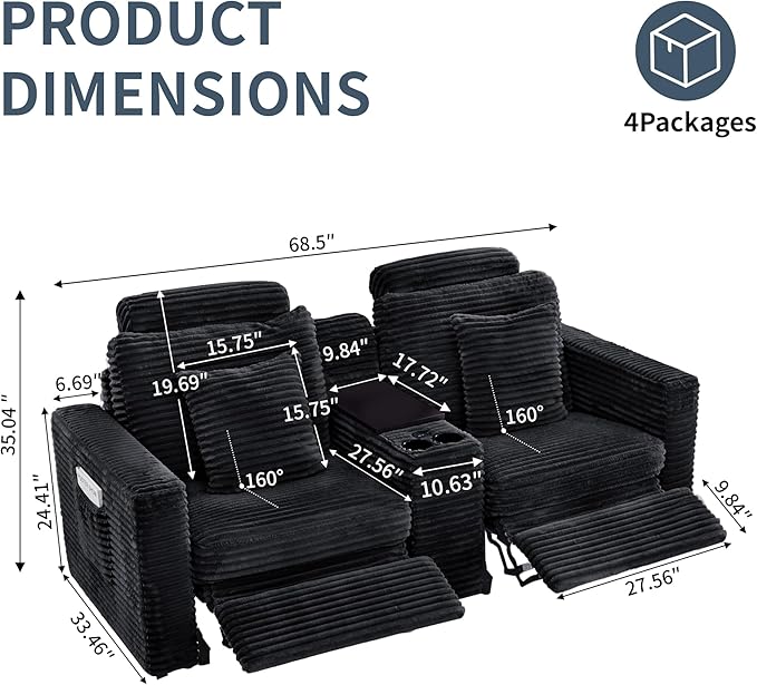 LEVNARY 2-Seater Modular Reclining Sofa with Center Console, Faux Rabbit Fur Power Recliner Loveseat with Cup Holders, USB Charging, Side Pockets & 2 Pillows, Living Room Furniture (Black)