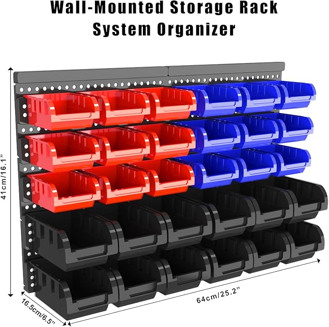 Wall Mounted Storage Bins, Nut and Bolt Organizer, Plastic Bolt Bin, Screw Organizer, Storage Bins for Garage (RED+BLUE+BLACK, SMALL(30PCS))