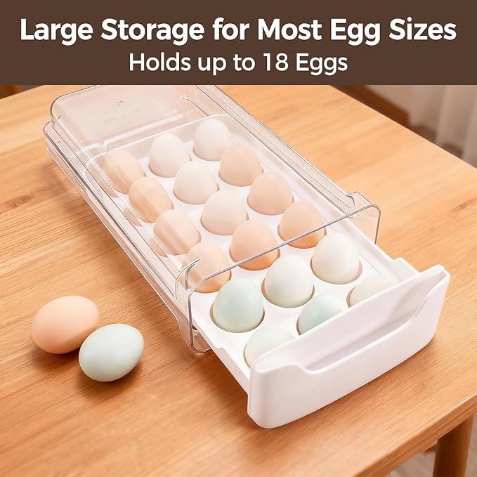 Egg-Holder for Fridge, 18-Count Egg-Storage for Refrigerator Countertop, 1 Tier Dispenser with Drawer, Stackable Clear Egg Tray Container, Egg Organizer, Fits Large Eggs, White