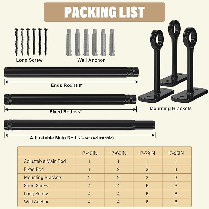 Closet Rods for Hanging Clothes Ceiling or Wall Mounted, 17-95 Inch Closet Rod Heavy-Duty Stepless Telescopic Clothes Hanging Rod for Closet Kitchen Laundry Room Living Room Balcony (Black)