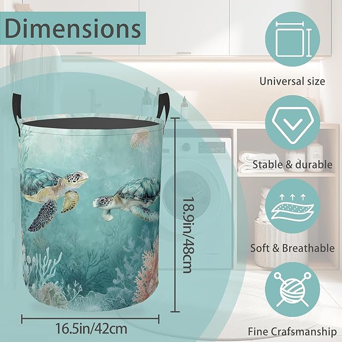 Laundry Hamper Foldable Oxford Cloth Turtle Beach Palm Trees Laundry Basket With Handle Portable Clothes Storage Organizer Basket Storage Bag For Laundry Room/Bedroom/Bathroom