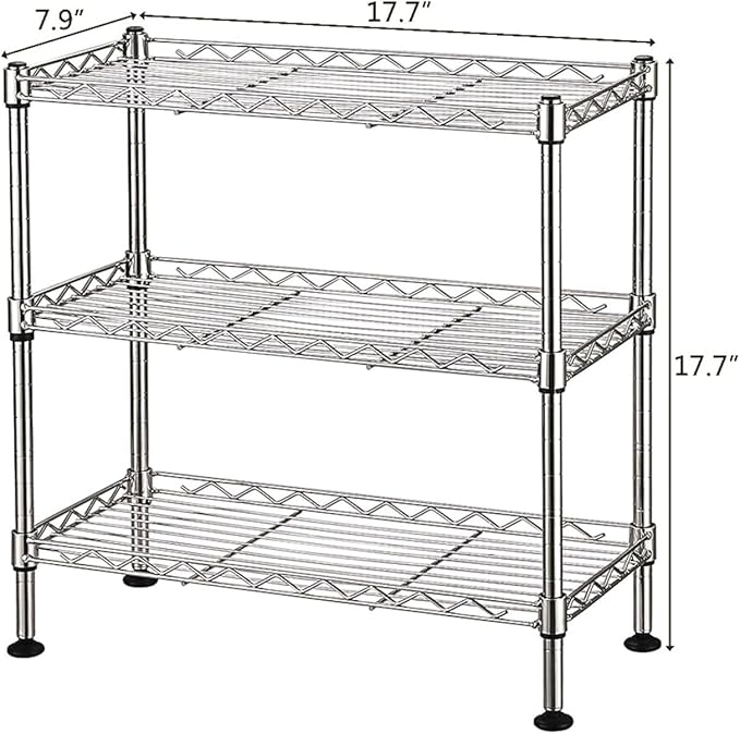 FOXHOLE 3-Tier Steel Metal Storage Rack Wire Shelving for Bathrooms, Closets, Kitchen, Pantry, Adjustable Shelves, Silver Finish, 17.72" L x 7.87" W x 17.72" H
