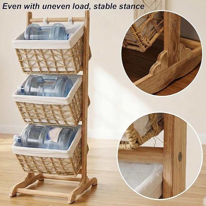 3-Tier basket stand Woven Floor Shelf Stackable Baskets, Multi-story wicker Storage Organizer,Multipurpose Rattan Rack for Bedroom Living Room Kitchen, Holds Toys Books Cans, Bohemian Home Decor