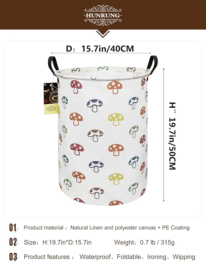 HUNRUNG Collapsible Fabric Storage Basket, Waterproof Laundry Hamper with Handles, Round Storage Bin for Clothes Toys, Foldable Organizer for Bedroom Nursery Bathroom(Round-Color Mushroom)