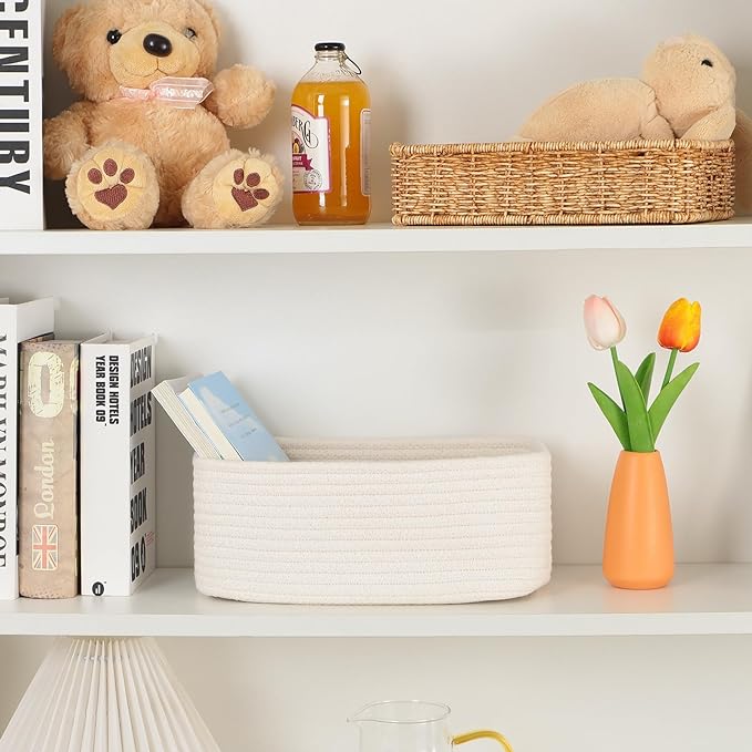 MiniArk Small Storage Baskets for Organizing | Closet Organizer Bins | Shelf Toy Basket | Woven Rope Baskets | Cube Decorative Box | Shallow Basket | 11.5x7.5x4.7” | 4 Packs Off White