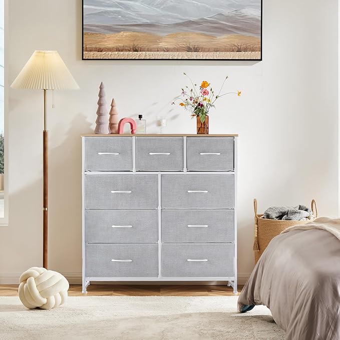 DUMOS 9 Drawer Dresser for Bedroom, Fabric Storage Organizer with Sturdy Metal Frame, Wooden Top Chest of Drawers for Closet Entryway Guest Room,Light Grey