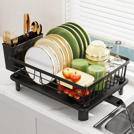 Dish Drainer Rack with Drip Tray, Sink Dish Drainer with Drainage Spout, Stainless Steel Dish Drying Rack with Cups, Utensil & Cutting Board Holders for Kitchen Counter Space-Saving, Black