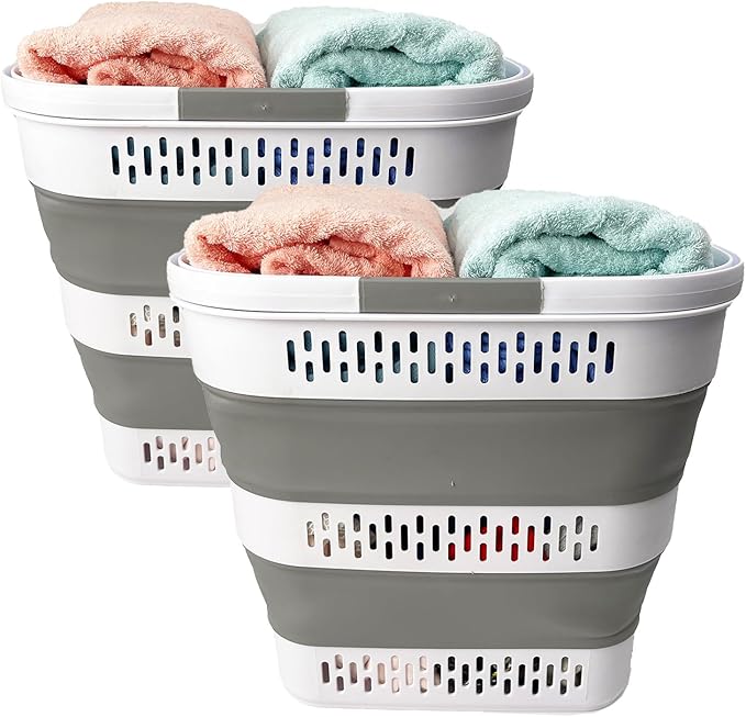 SAMMART 38L(10 Gal) Collapsible Laundry Basket - Foldable Pop-Up Storage Container/Organizer-Portable Space Saving Hamper, Measure 17.5x13.3x15.7"/3.8" Expanded/Collapsed (2, White/Grey)