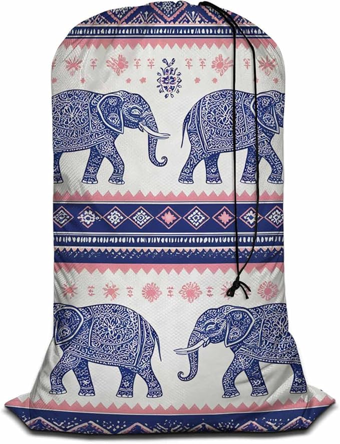 Swono Ethnic Elephant Extra Heavy Duty Laundry Bag, Indian Style Lotus Floral X-Large Dirty Clothes Drawstring Bag with Tear Resistant Fabric, Washable Laundry Liner for Hamper, Ideal for Camp, Travel