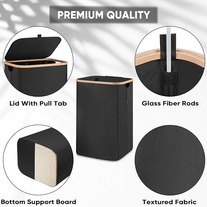 BALEINE Laundry Hamper with Lid, Tall Laundry Baskets with Bamboo Pull Handles, Large Laundry Bin with Internal Support (18 Gal/70L, Black)