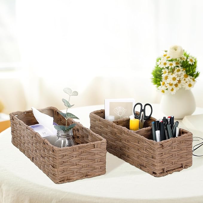 DULLEMELO Small Basket for Bathroom, Wicker Toilet Tank Basket, Bathroom Back of Toilet Organizer, Set of 2 Waterproof Baskets for Organizing, Brown
