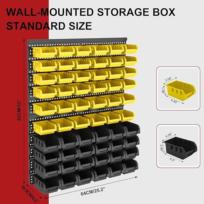Wall Mounted Storage Bins, Nut and Bolt Organizer, Plastic Bolt Bin, Screw Organizer, Storage Bins for Garage (YELLOW+BLACK, LARGE(60PCS))