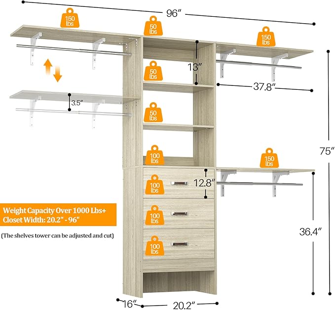 Besiost Closet System with Drawer - 8FT Wood Closet Organizer System with 3 Hanging Rods and Shelving Tower, 96" Walk In Closet Organizer Wardrobe, Heavy Duty Garment Rack Clothes Rack, White Oak
